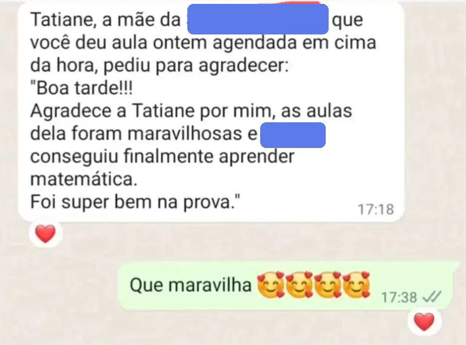 Mãe agradece: as aulas foram maravilhosas e a filha conseguiu finalmente aprender matemática